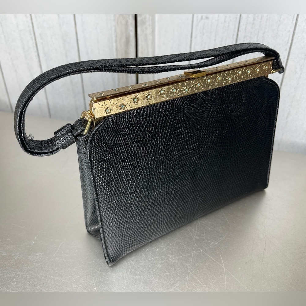 Vintage After Five Black Evening Bag Clutch Floral Gold & Change Purse Made USA